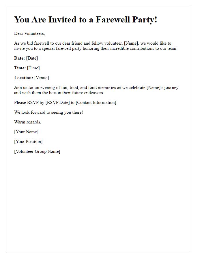 Letter template of a farewell party invitation for a volunteer group