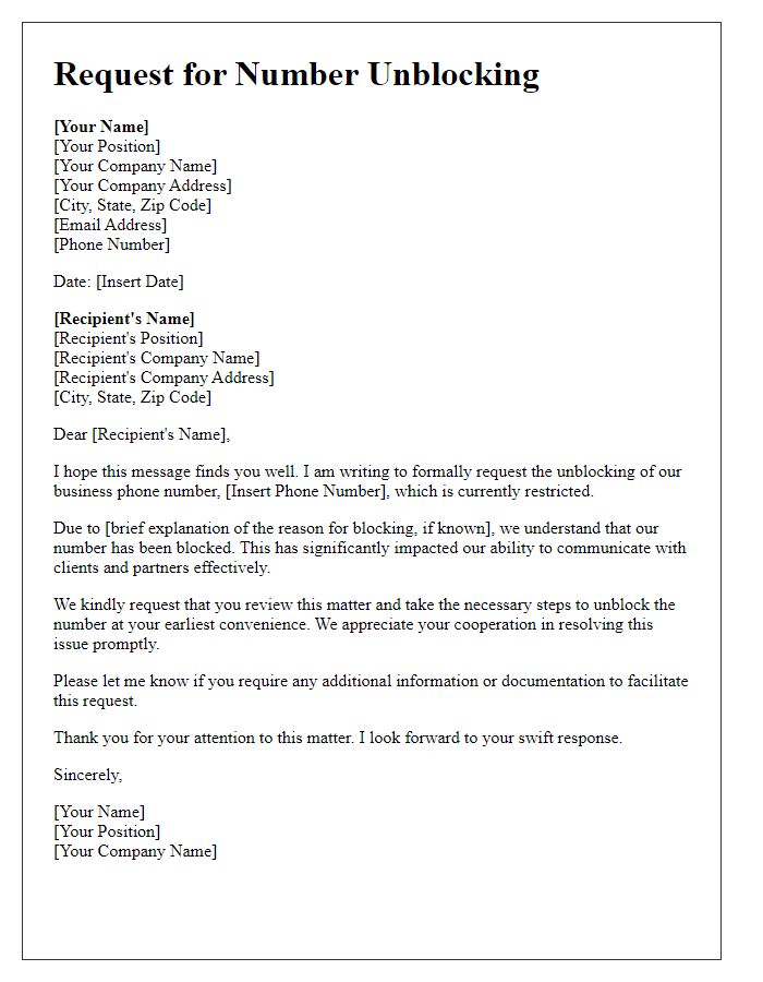 Letter template of number unblocking request for business communication.