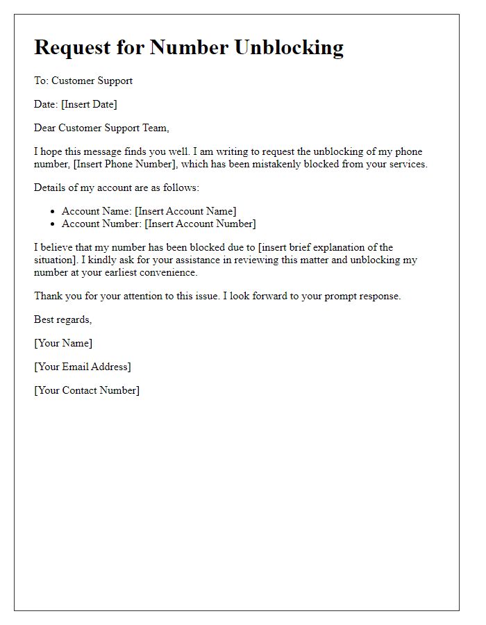 Letter template of number unblocking request for customer support assistance.