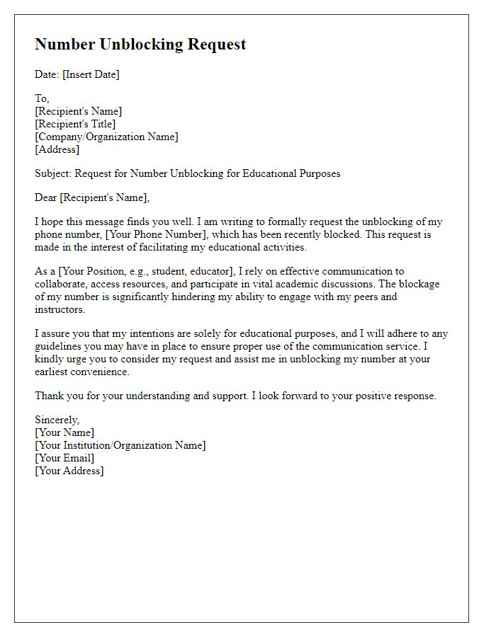 Letter template of number unblocking request for educational purposes.