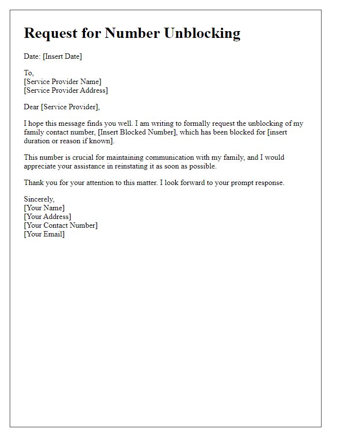 Letter template of number unblocking request for family contact.