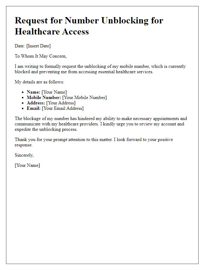 Letter template of number unblocking request for healthcare access.