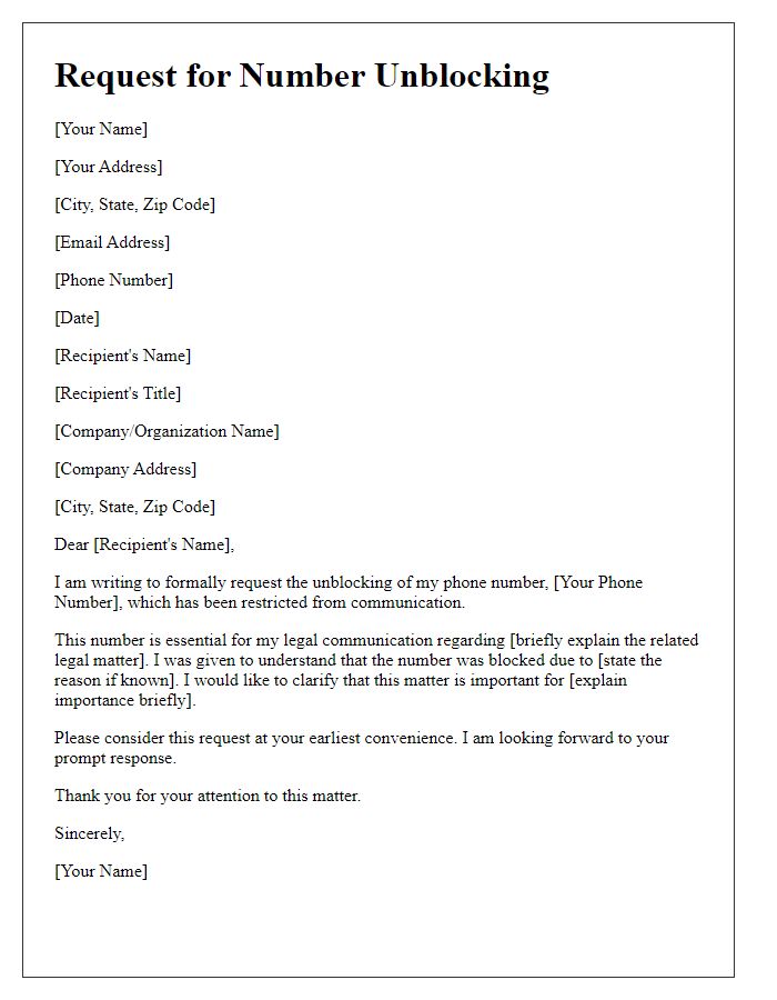 Letter template of number unblocking request for legal communication.