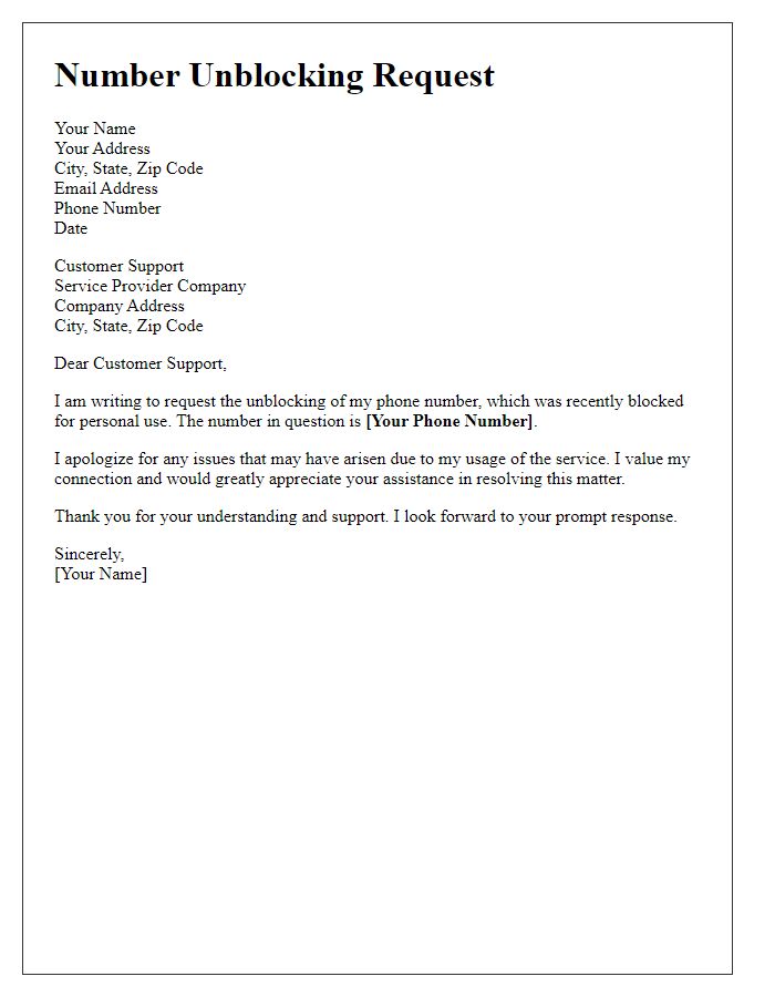 Letter template of number unblocking request for personal use.