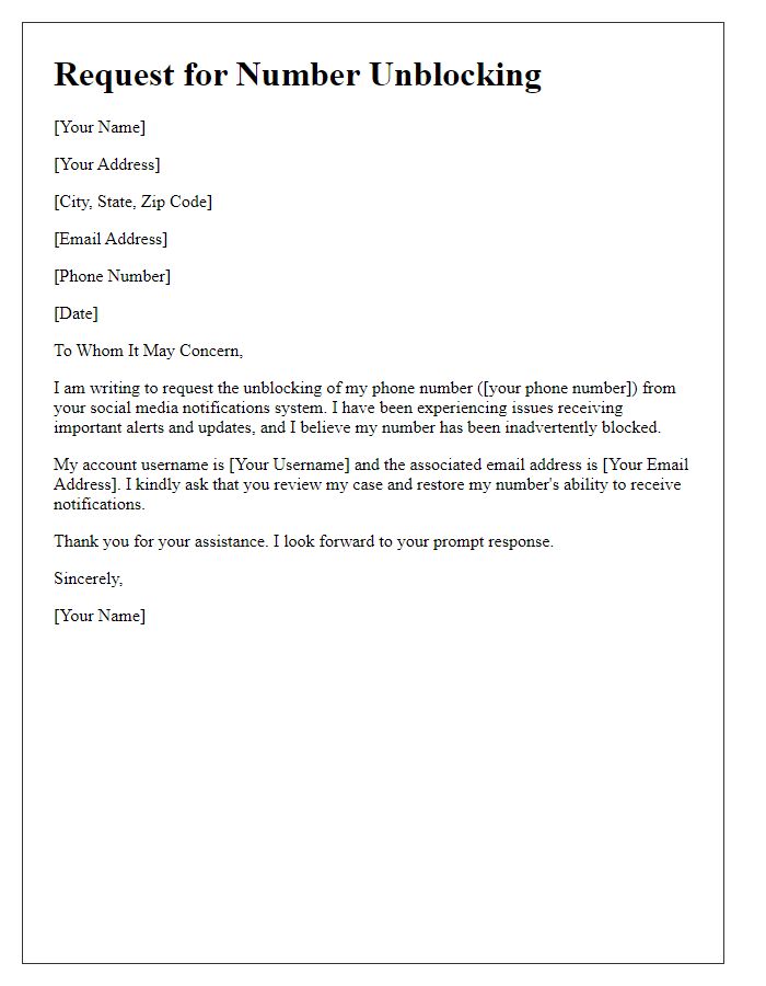 Letter template of number unblocking request for social media notifications.