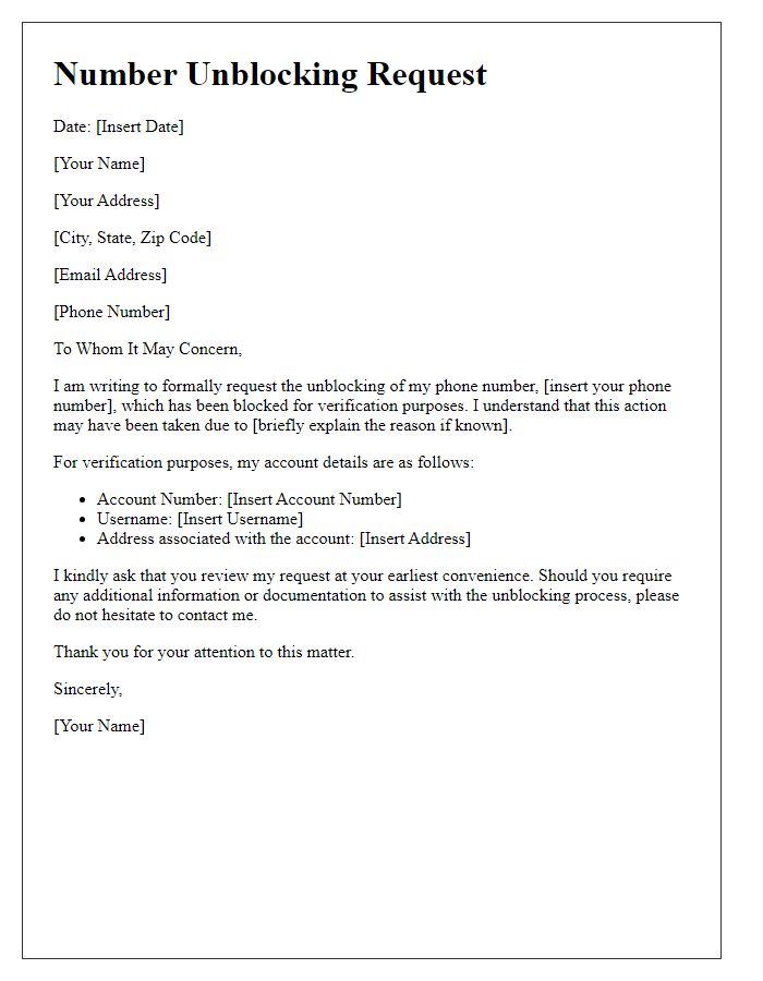 Letter template of number unblocking request for verification purposes.