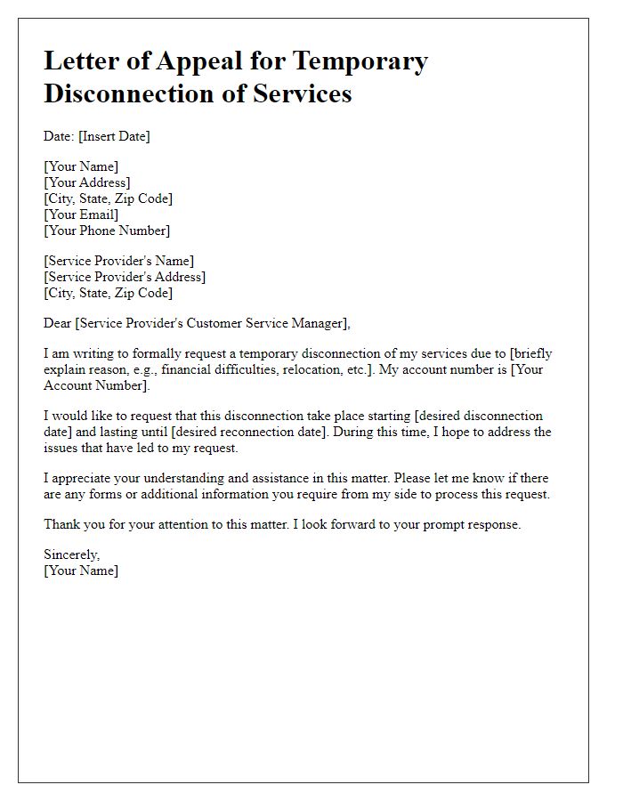 Letter template of appeal for temporary disconnection of services.