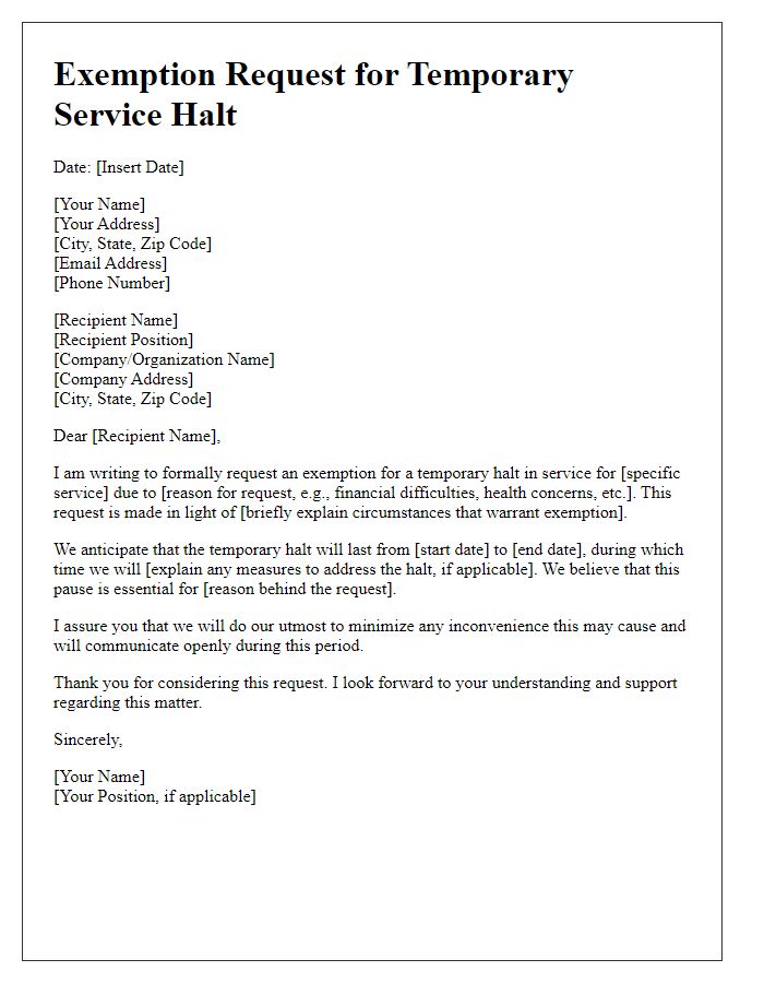 Letter template of exemption request for temporary service halt.