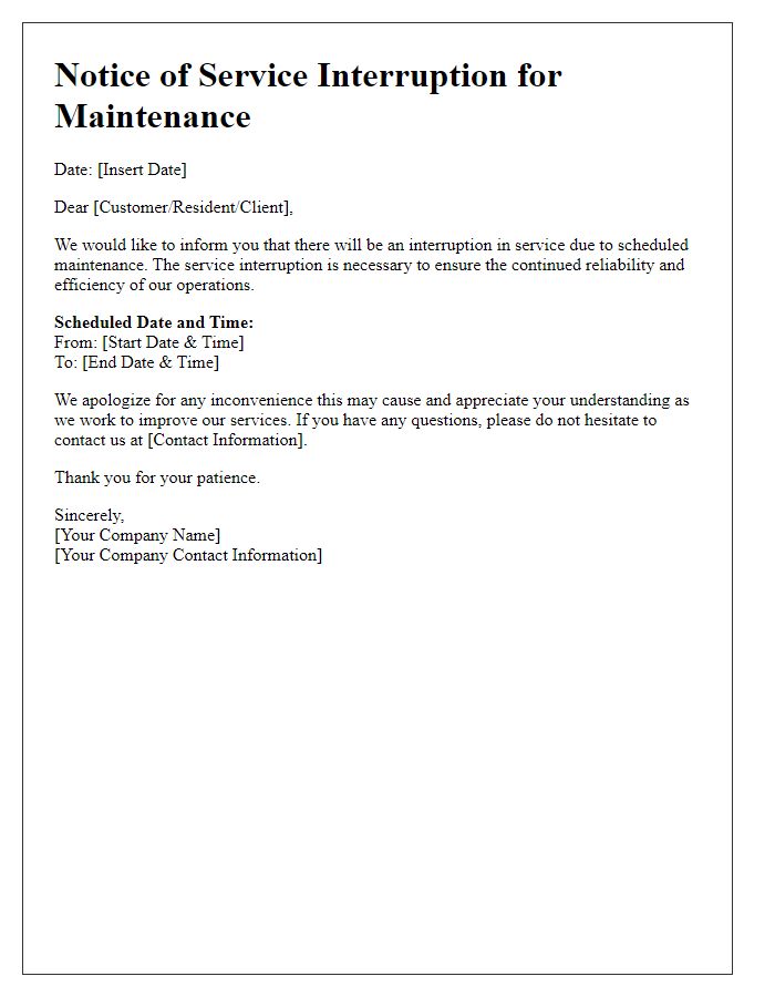 Letter template of notice for service interruption for maintenance.