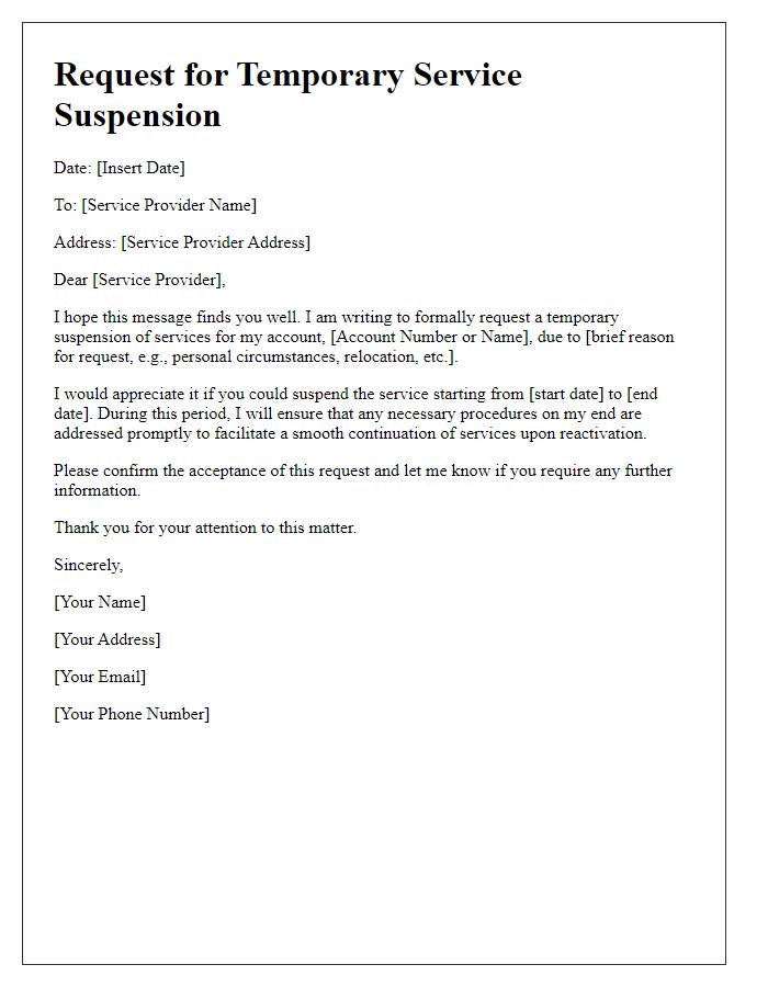 Letter template of request for temporary service suspension.