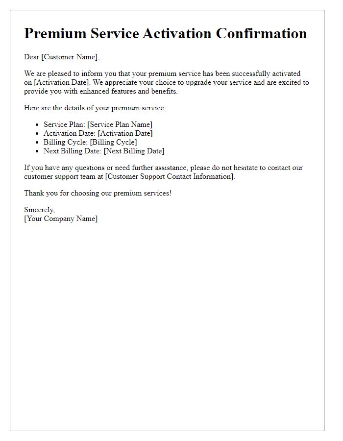 Letter template of premium service activation confirmation