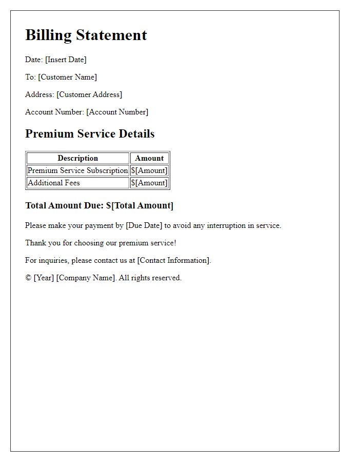 Letter template of premium service billing statement