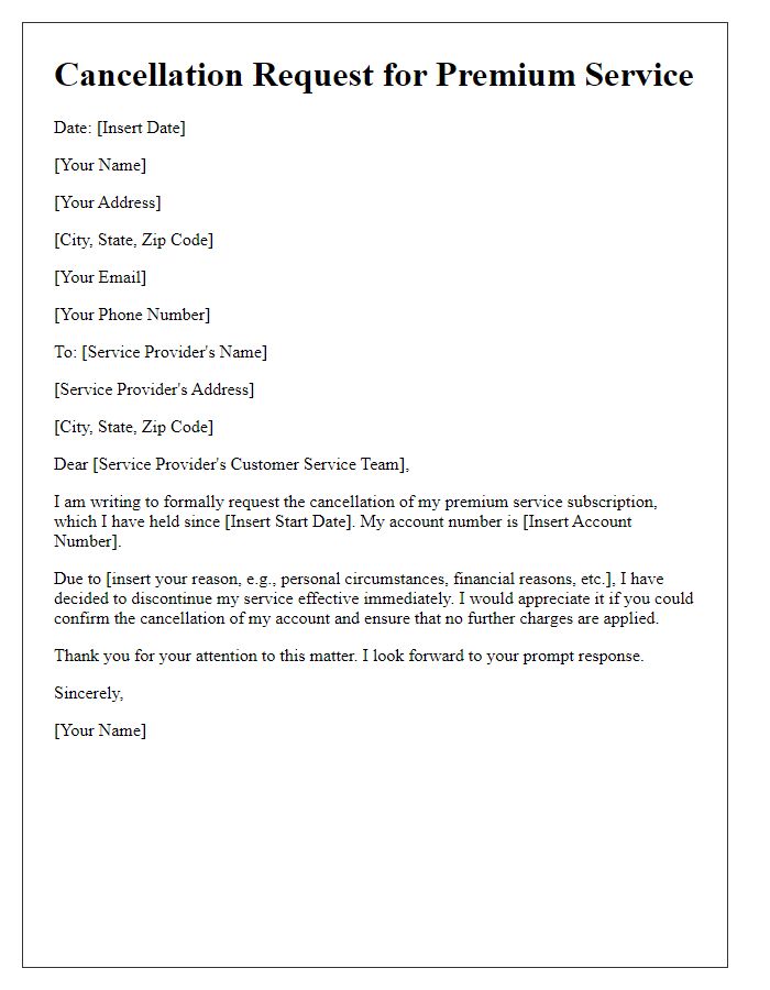 Letter template of premium service cancellation request