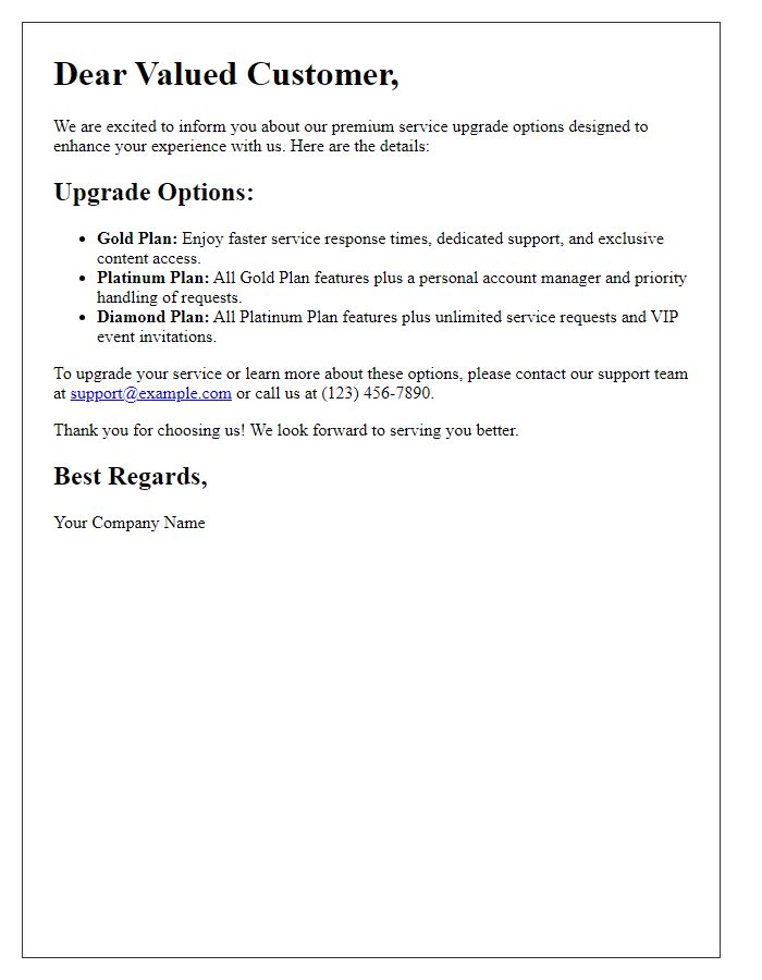 Letter template of premium service upgrade options