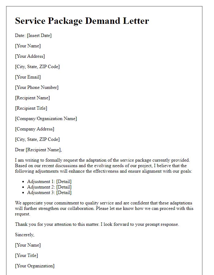 Letter template of adapted service package demand