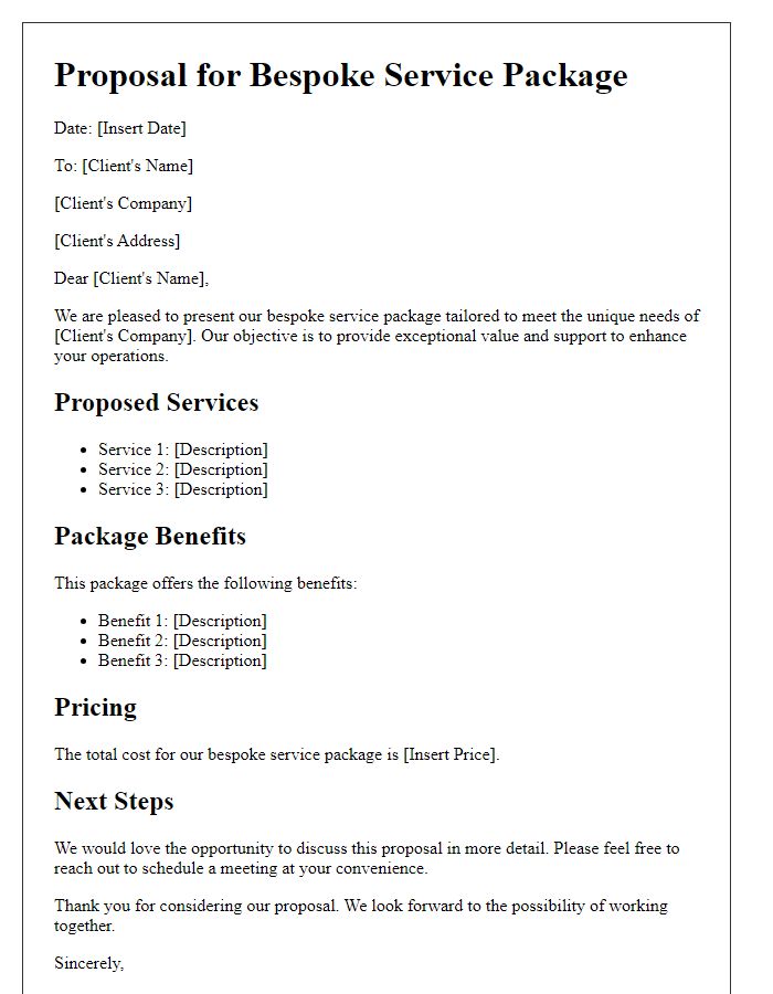 Letter template of bespoke service package proposal