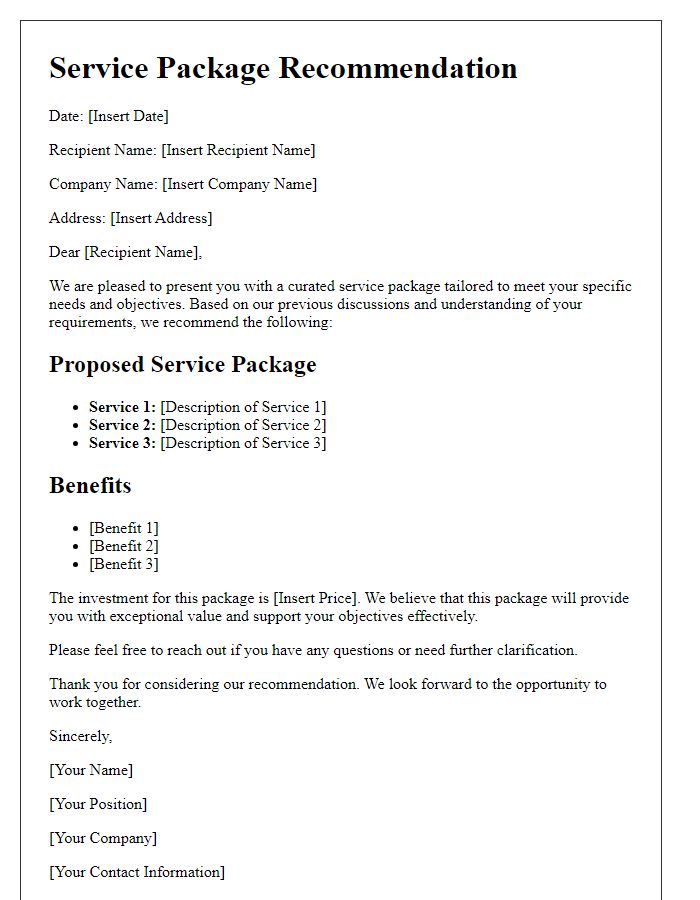Letter template of curated service package recommendation