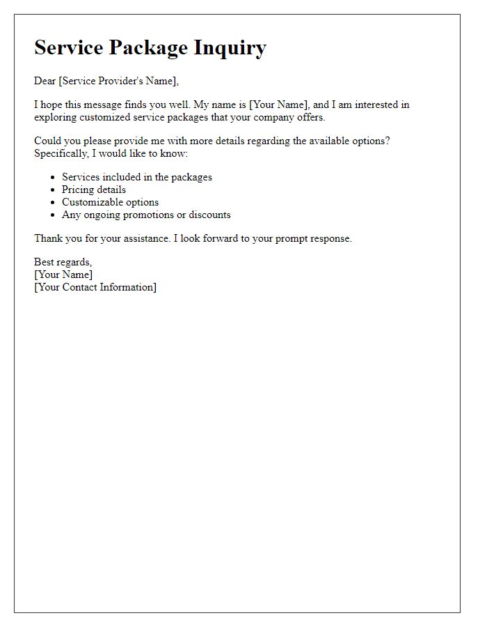 Letter template of customized service package inquiry