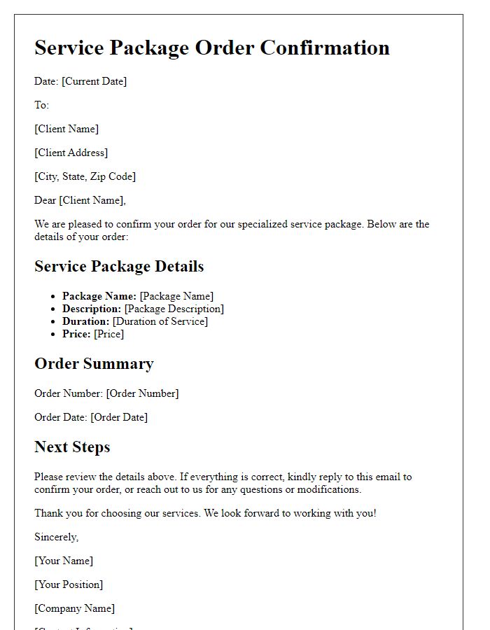 Letter template of specialized service package order