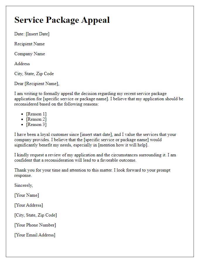 Letter template of specific service package appeal
