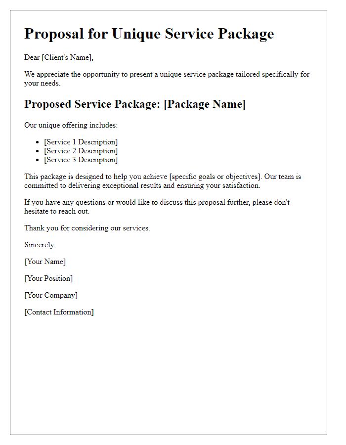 Letter template of unique service package suggestion