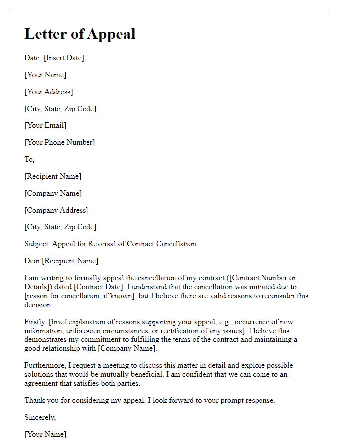 Letter template of appeal for contract cancellation reversal.