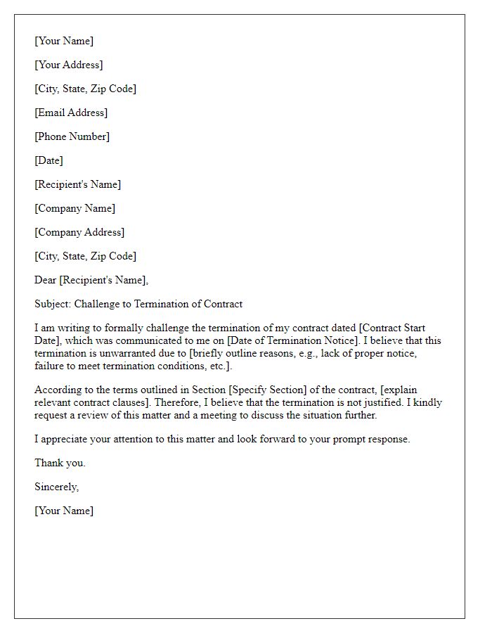 Letter template of challenge to the termination of contract.