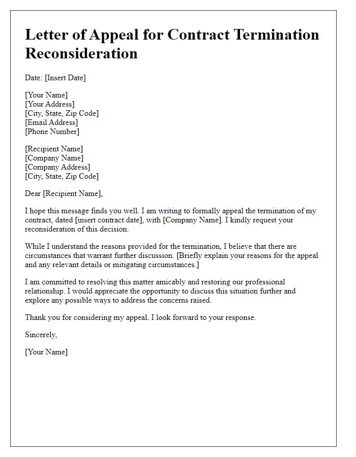 Letter template of contract termination appeal for reconsideration.