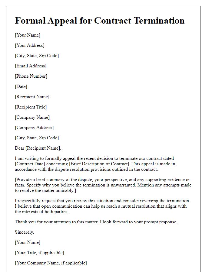 Letter template of formal appeal for contract termination dispute.