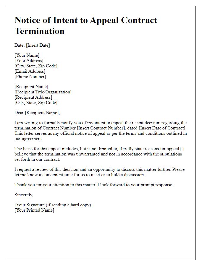 Letter template of notice of intent to appeal contract termination.