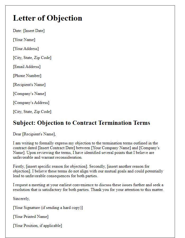 Letter template of objection to contract termination terms.