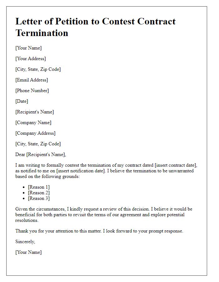 Letter template of petition to contest contract termination.