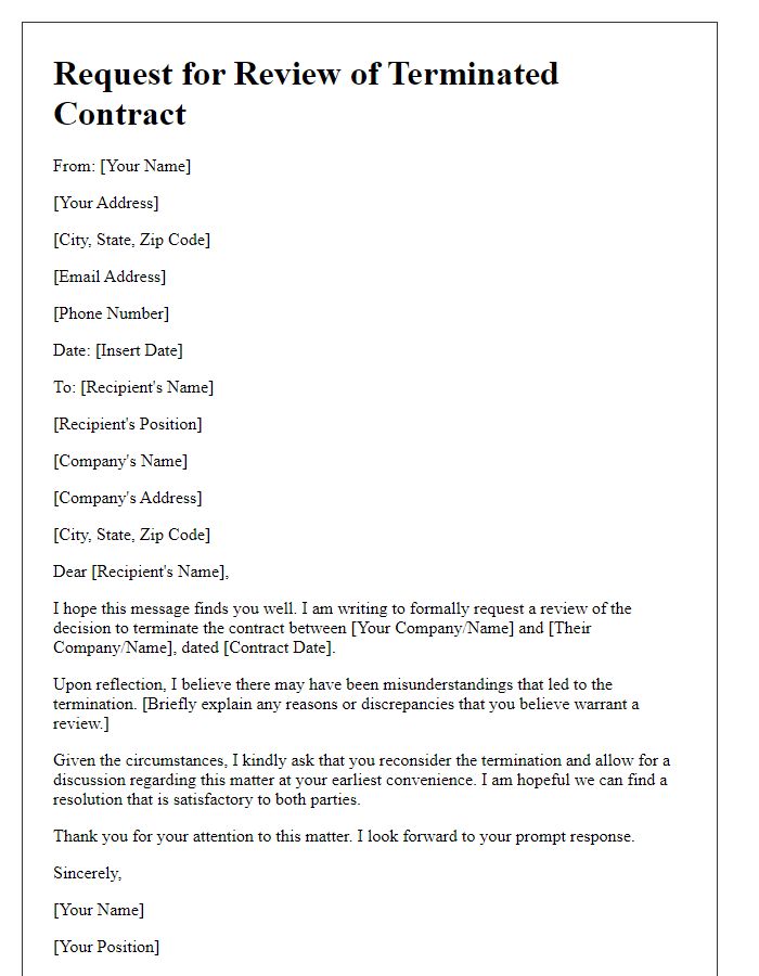 Letter template of request for review of terminated contract.