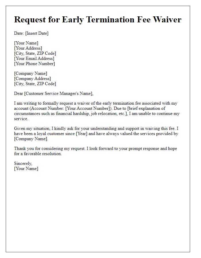 Letter template of early termination fee support request