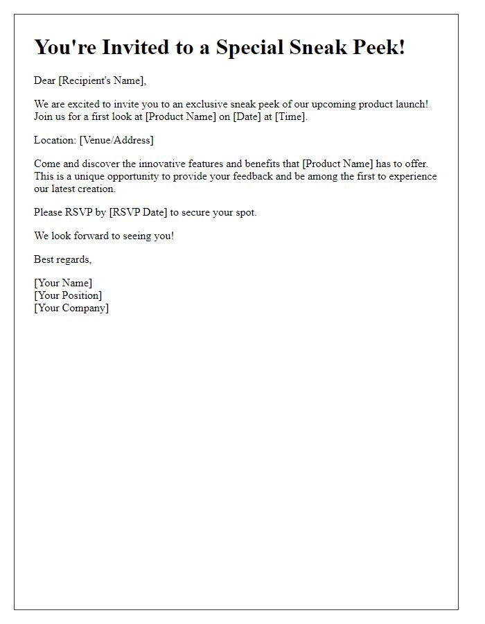 Letter template of sneak peek invitation for product launch