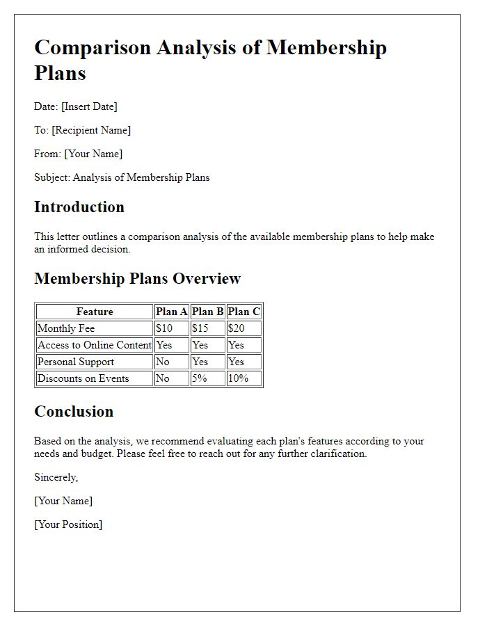 Letter template of comparison analysis for membership plans