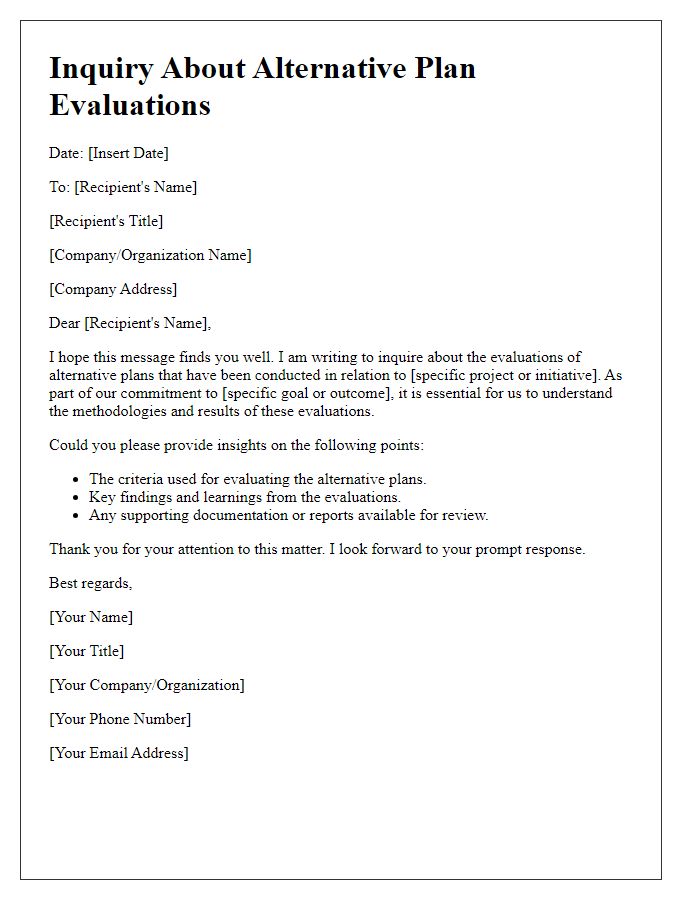 Letter template of inquiry about alternative plan evaluations