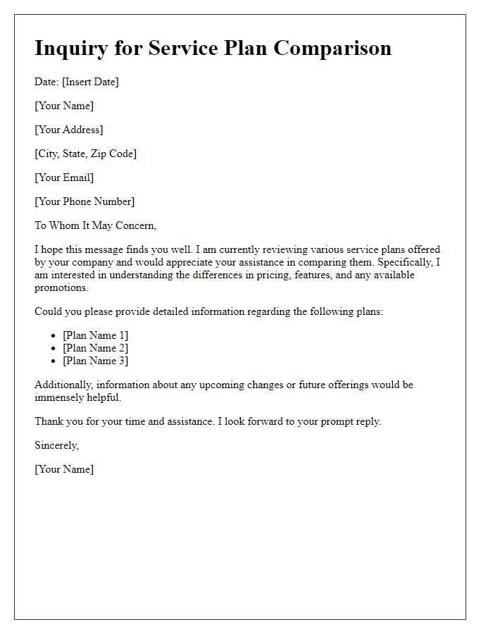 Letter template of inquiry for comparing service plans