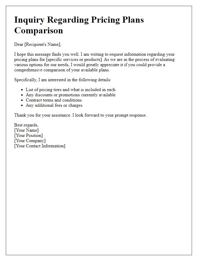 Letter template of inquiry regarding pricing plans comparison