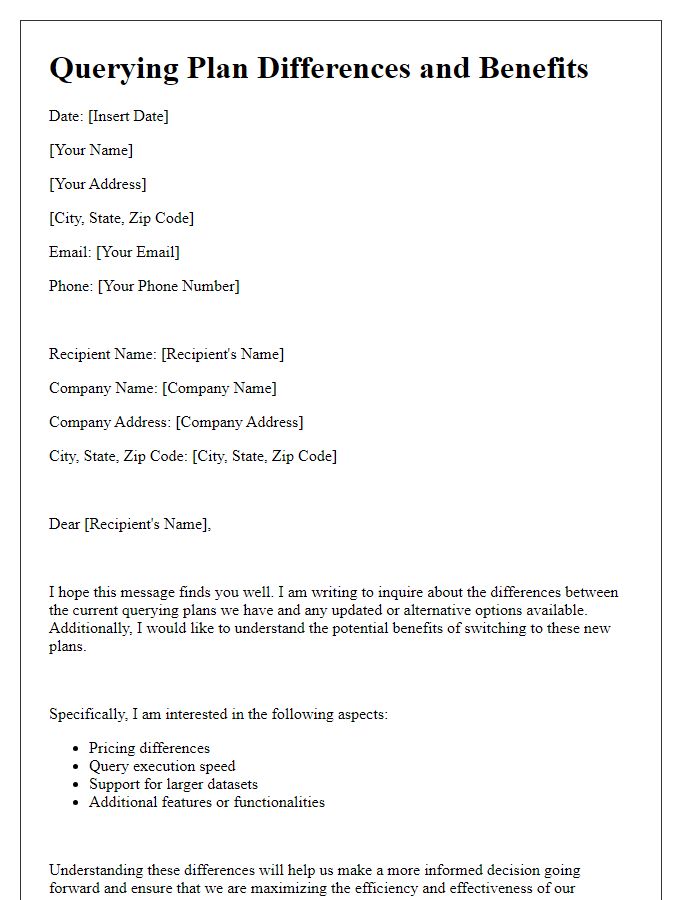 Letter template of querying plan differences and benefits