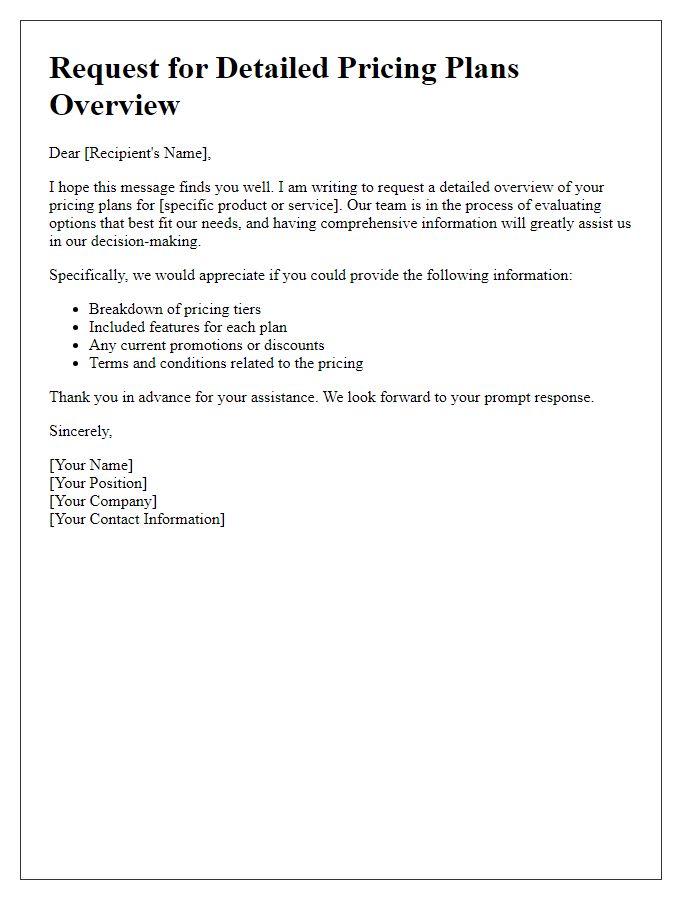 Letter template of request for detailed pricing plans overview