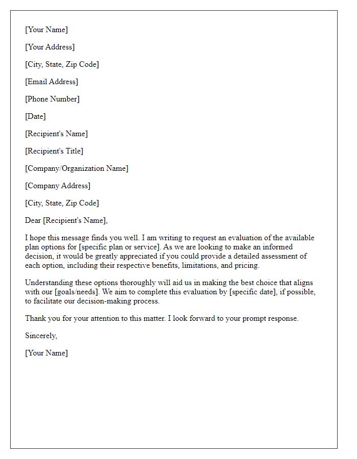 Letter template of request for plan options evaluation