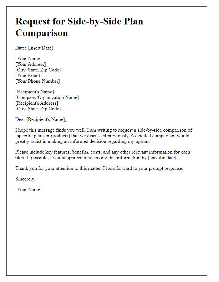 Letter template of request for side-by-side plan comparison