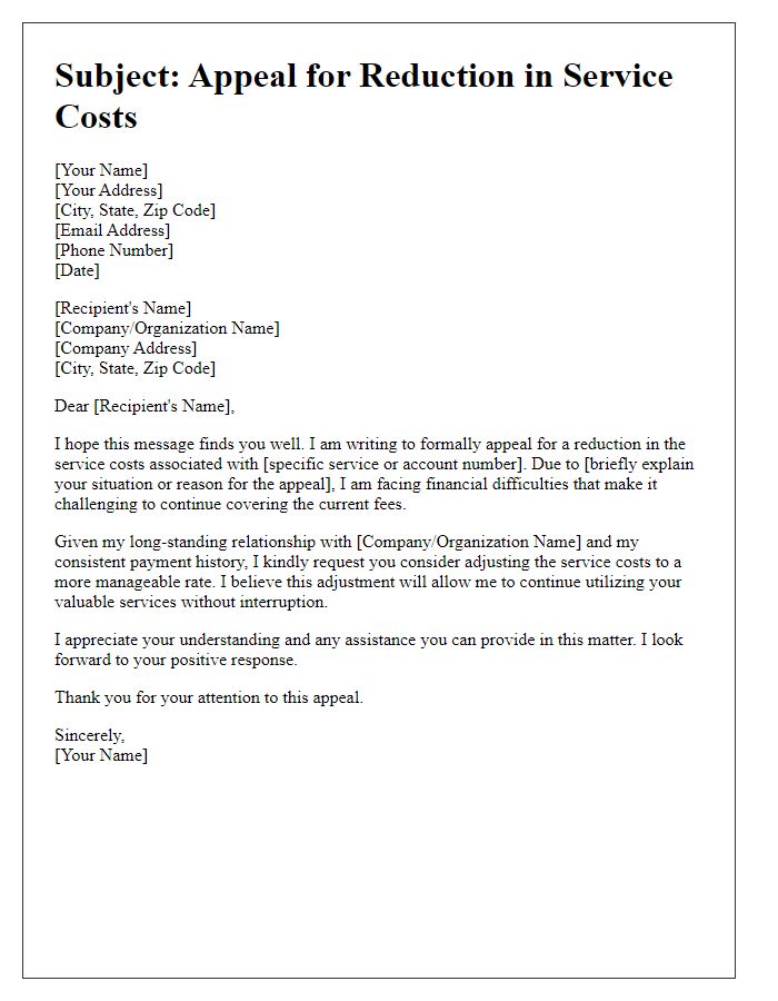 Letter template of appeal for reduced service costs