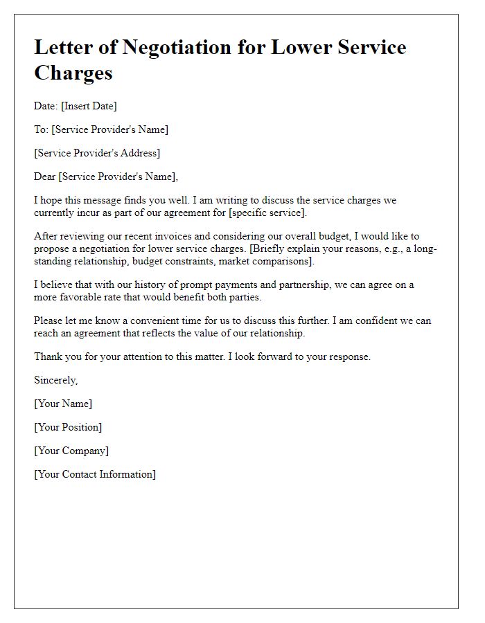 Letter template of negotiation for lower service charges