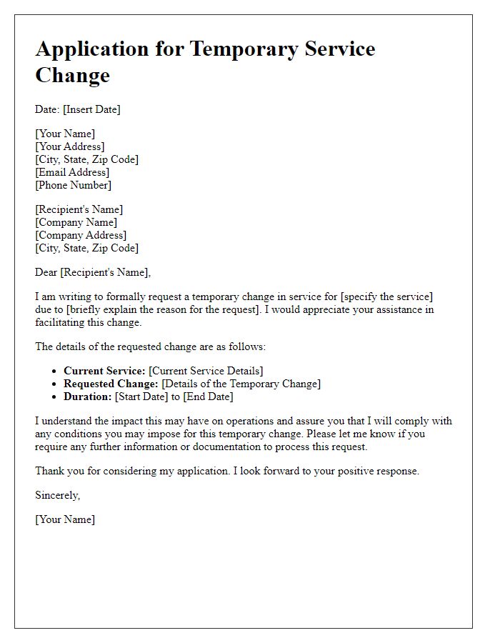 Letter template of Application for Temporary Service Change