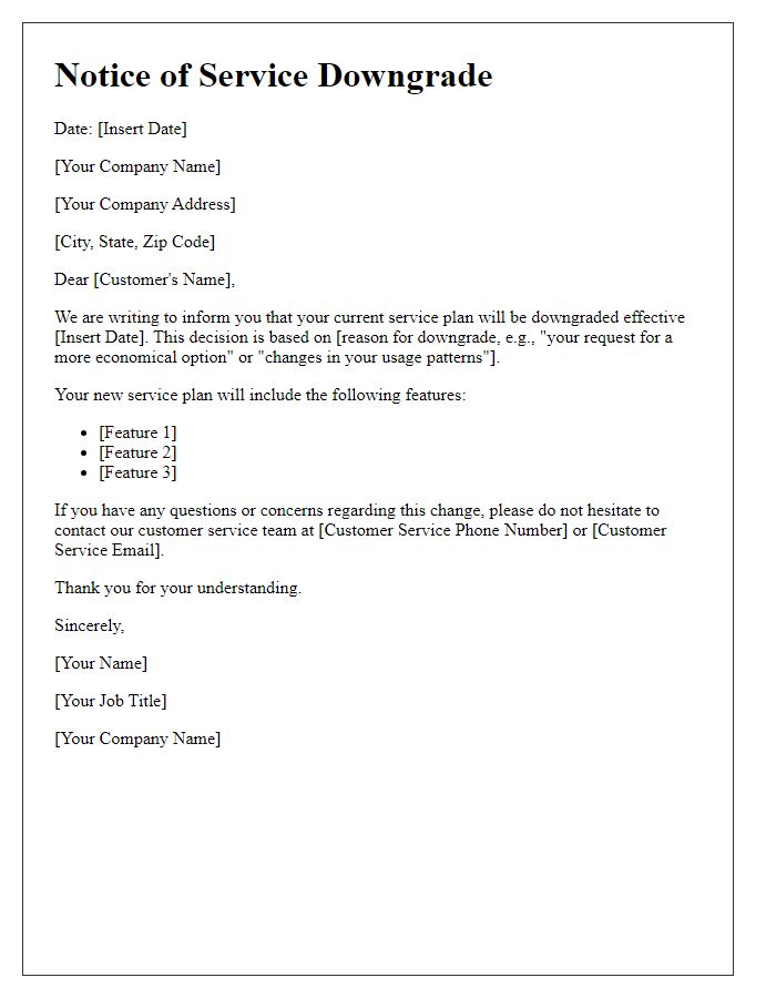 Letter template of Notice for Service Downgrade