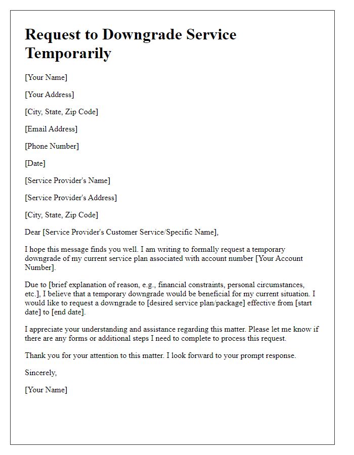 Letter template of Request to Downgrade Service Temporarily