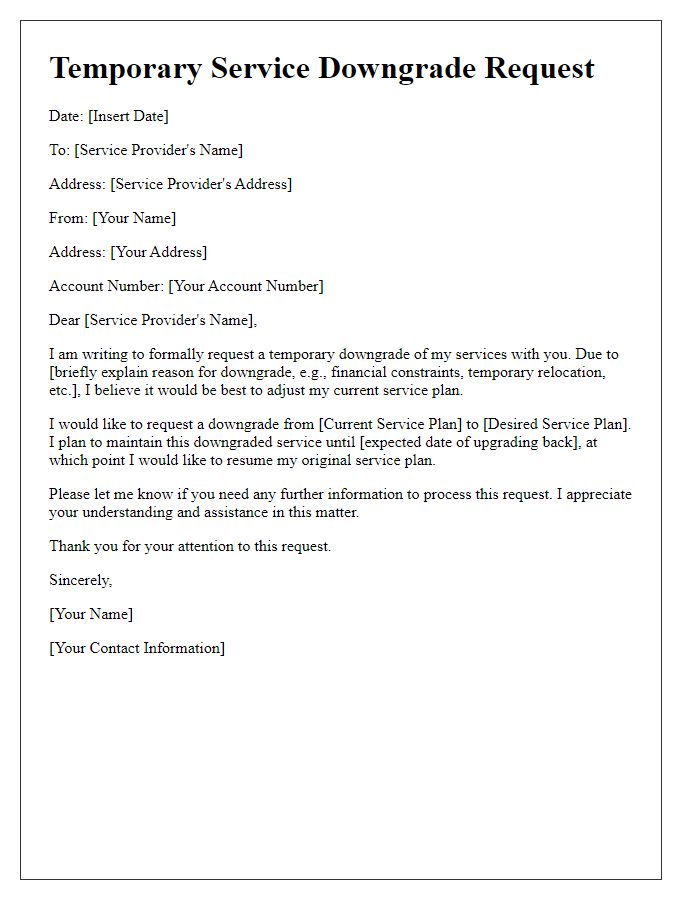 Letter template of Temporary Service Downgrade Request