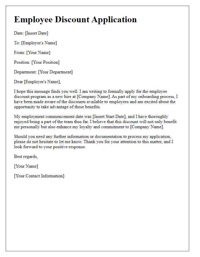 Letter template of employee discount application for new hires